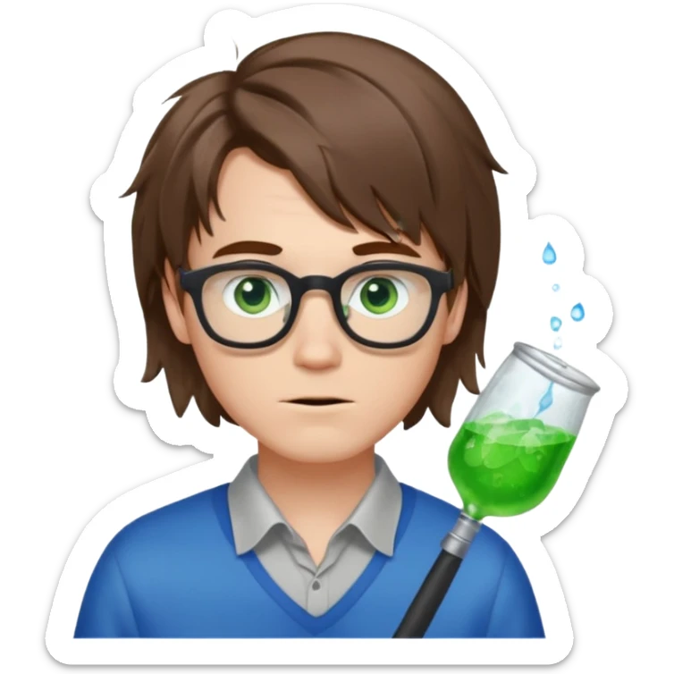 nerdy white boy with blue eyes and messy long bob cut brown hair that has green stench  sticker