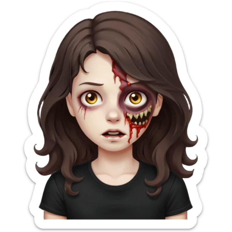 crie uma garota com ferimentos zoombie cabelo ondulado 2c longo castanho escuro e blusa básica preta sem nada  sticker