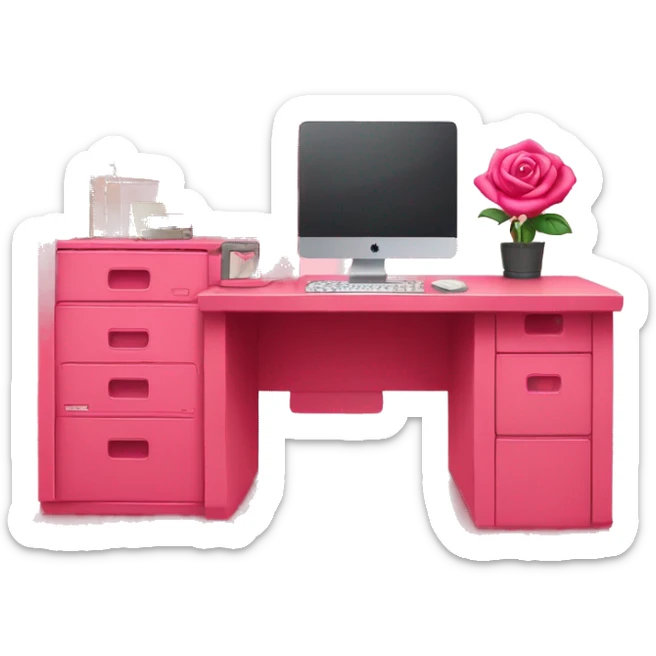 Rose red pink desk with shelves + rose red computer on top of desk.  sticker