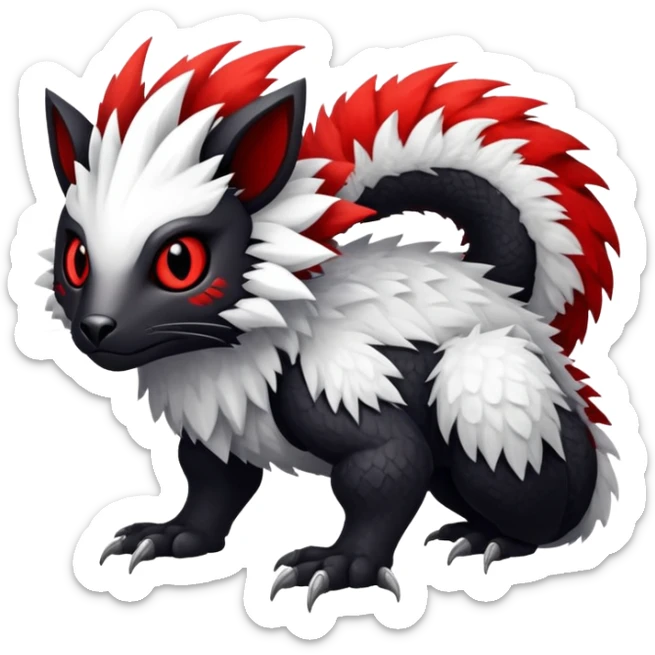 a white exotic edgy vernid-fionbr-Fakémon-creature, with black belly and red eyes, full body sticker