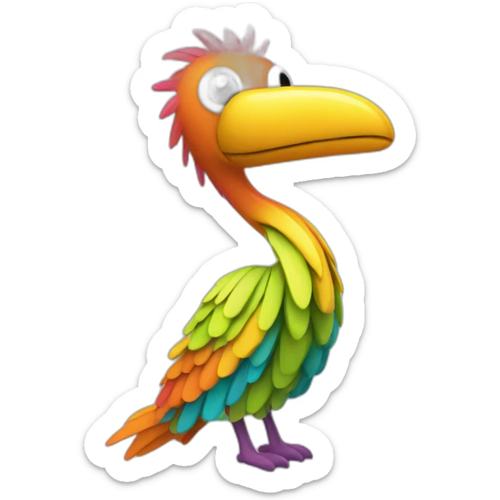 A creature resembling a bird with a long, colorfull, and flexible neck made of a material that looks like corrugated tubing sticker