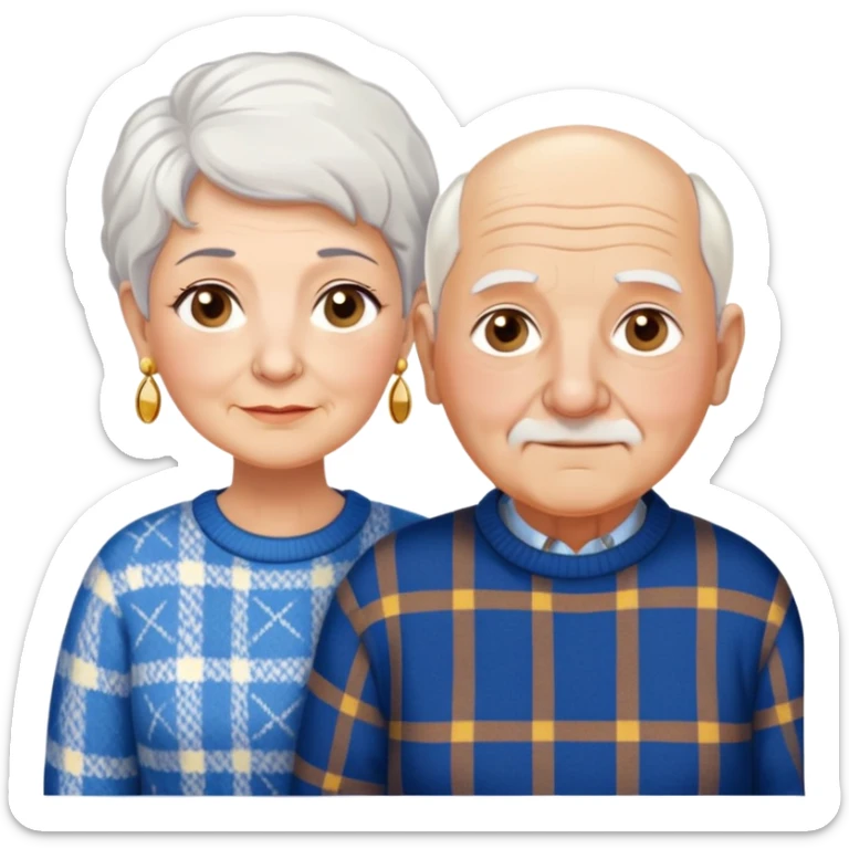 Una abuela italiana blanca de ojos marrones con cabello corto blanco y aretes de oro, junto a su esposo de ojos azules, abuelo de piel blanca italiano, el abuelo vestido de un suéter de cuadros, un poco gordo con pelo blanco corto calvo, sin nada de bigote  sticker