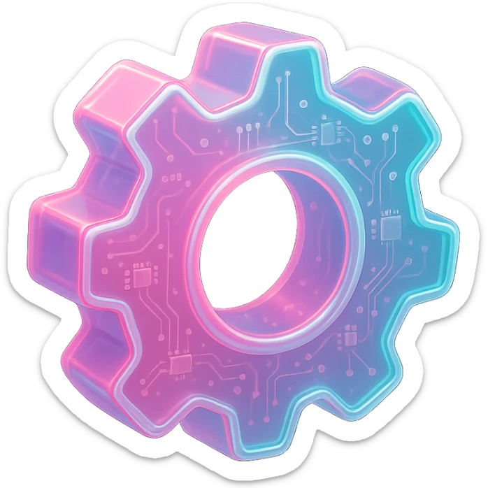 glossy, soft-edged Discord-style icon of a gear (settings), vibrant pink and aqua with smooth gradients, neon highlights, slight glow, transparent background, modern and techy, optimized for Discord UI sticker
