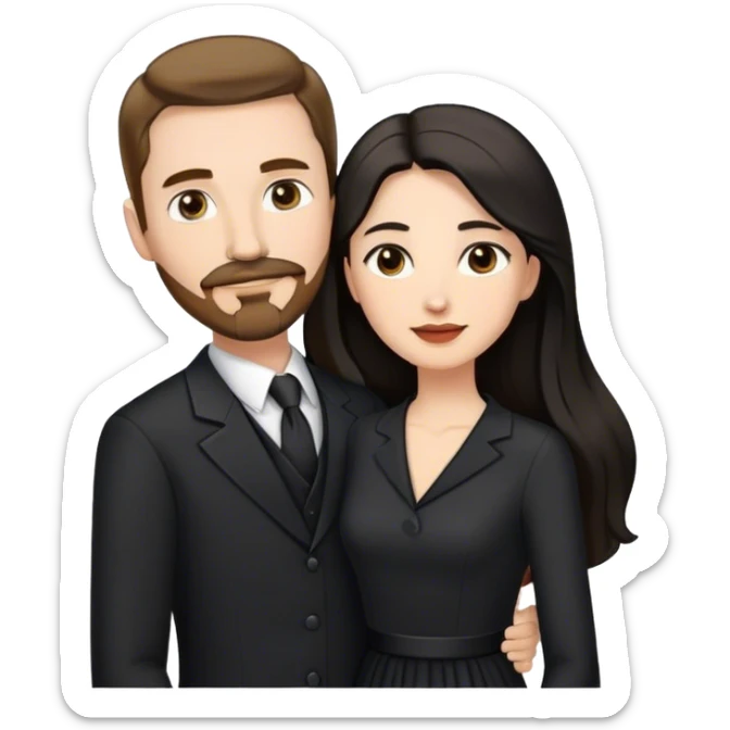 married couple portrait, tall white man with brown hair goatee mustache embracing a pale woman with long black hair, wearing formal clothing sticker
