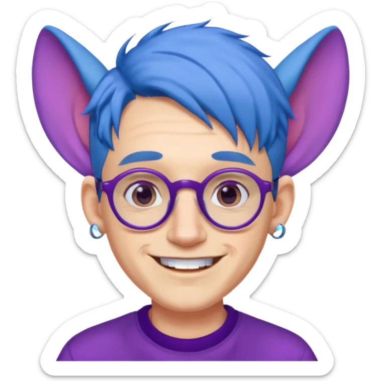 blue haired man with big ears and purple earrings and spectaclesi happy sticker