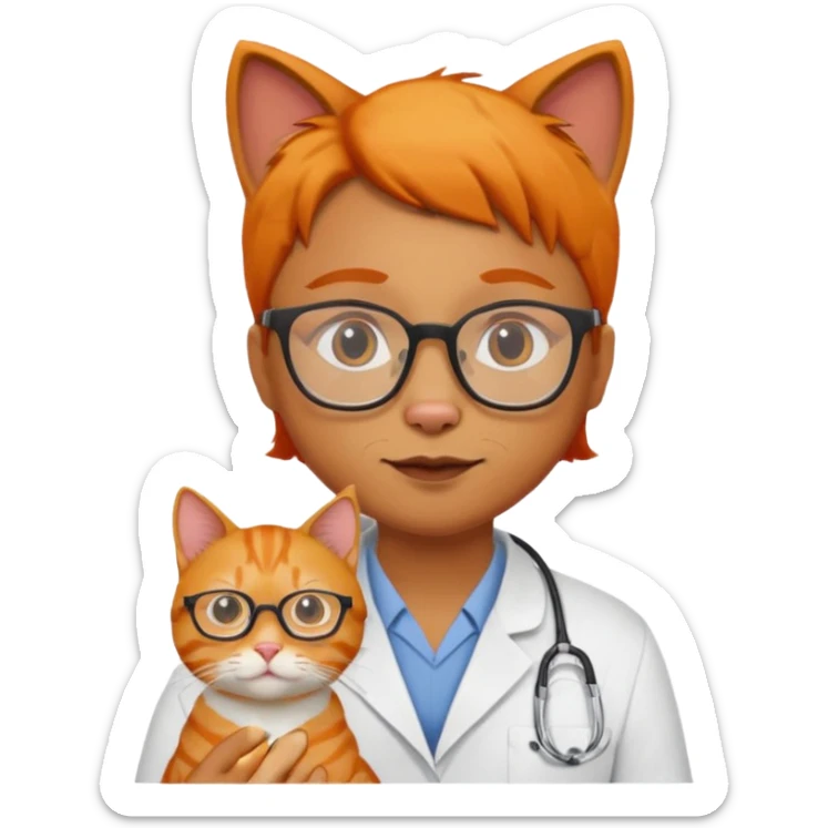 Veterinario trigueño con lentes y  un gato naranja sticker