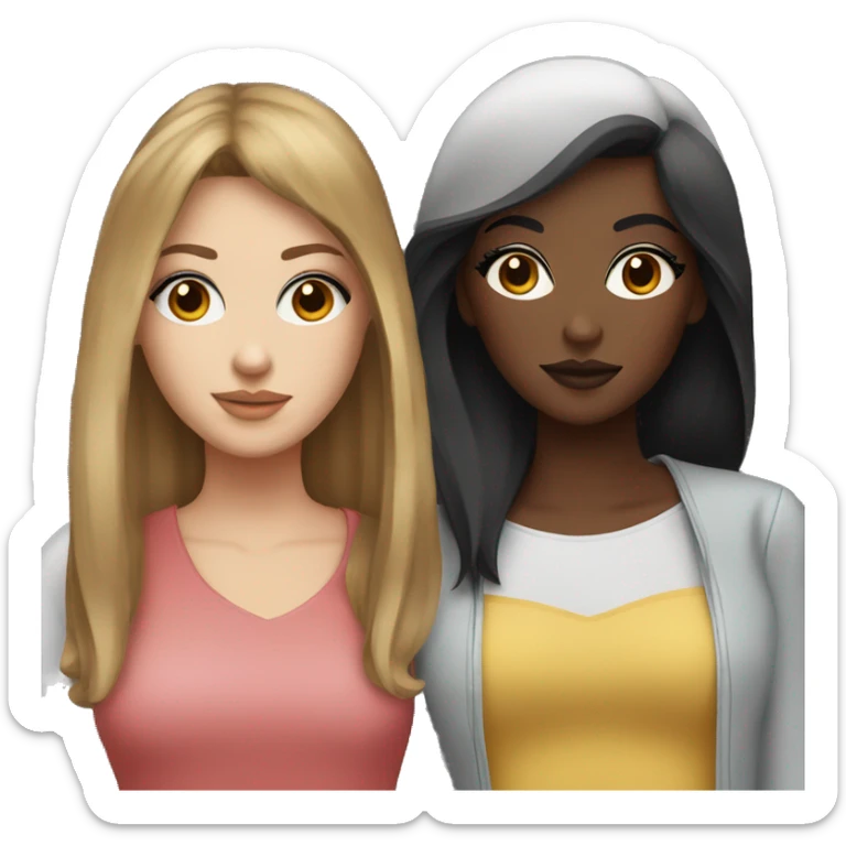 Two white girlfriends. One with brown hair in square, the other with black hair, bangs and a square. In fashionable clothes and beautiful modern makeup sticker