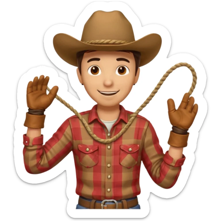 A cowboy with wide-brim hat, plaid shirt, and relaxed grin while twirling a rope.
 sticker