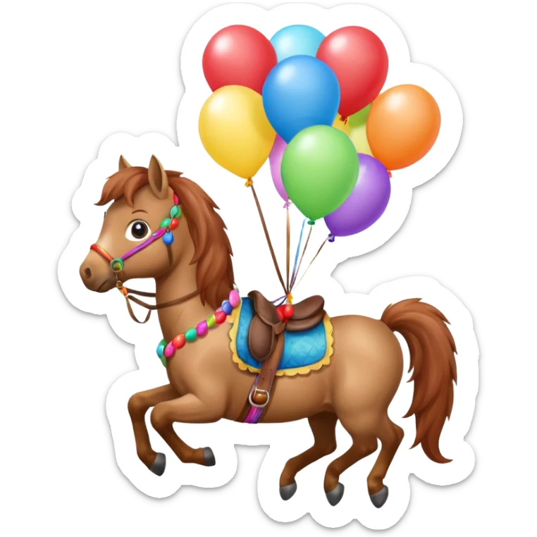 A small pony holding colorful balloons tied to its saddle, looking cheerful. sticker