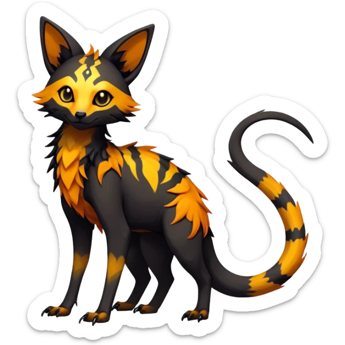 Rare realistic exotic edgy dark gothic gloomy spooky black and orange/yellow epic pretty beautiful handsome gorgeous aesthetic colorful vibrant Vernid-Trico-species-Fakemon-creature by LiLaiRa, 4 legs, 1 tail, random markings, (full body) sticker