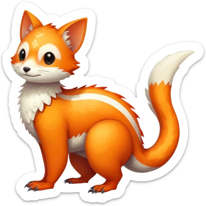 lush warm-colored Fakémon-Trico-creature (full body) with white cheek markings, white-striped tail sticker