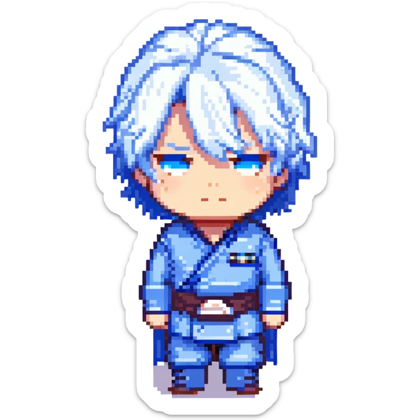 Gojo Satoru from Jujutsu Kaisen, pixel art style, white hair, blindfold, blue highlights, chibi proportions, simple background sticker