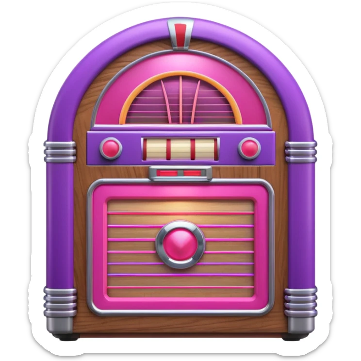 3D render of Jukebox, vintage 1980s audio equipment aesthetic, tactile analog buttons, neon pink and purple light tubes with chrome trim, mixed wood grain and brushed aluminum textures, Apple emoji style, isolated on white background --v 6.0 sticker