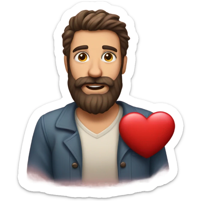 portrait of a bearded man holding a big heart valentines themed sticker