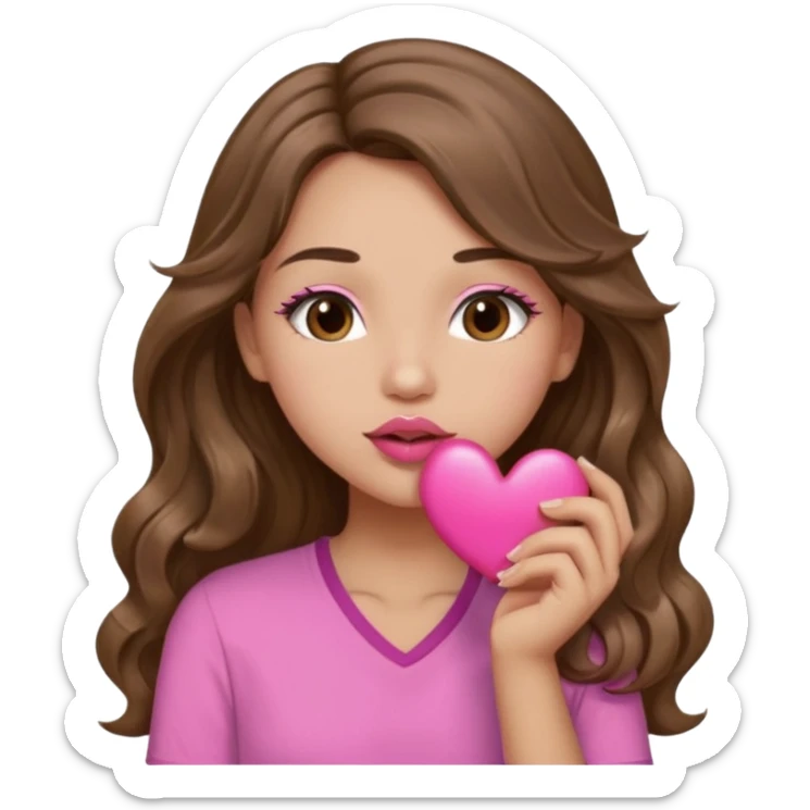 girl with long wavy brown hair, brown eyes, light to medium complexion, in a pink shirt, pink lips, long lashes, puckering up for a kiss, kiss lips and big heart in hand sticker