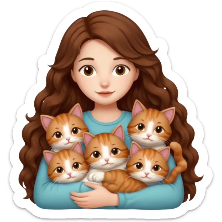 girl with long wavy brown hair cuddling with 6 cute cats sticker