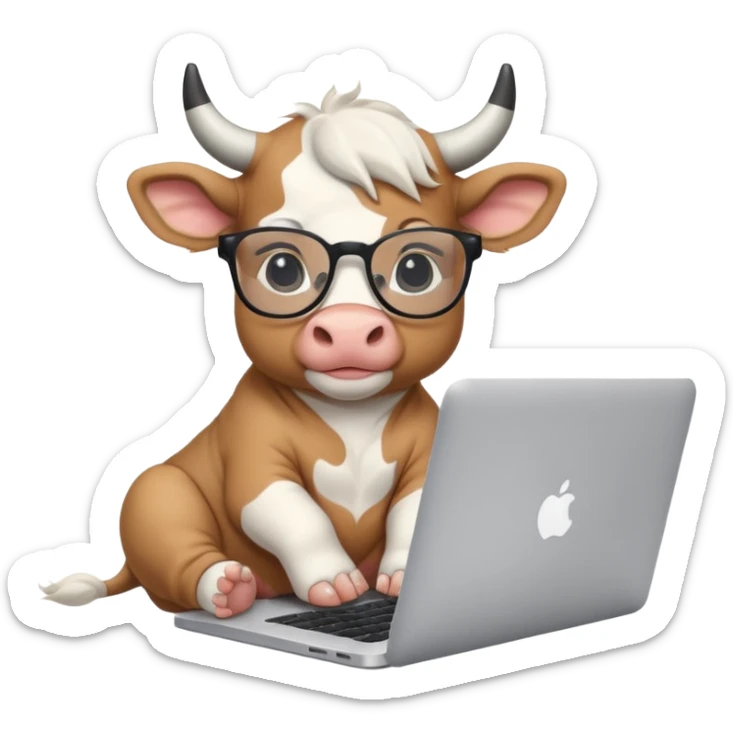 baby white bull in fancy glasses sitting in front of a macbook, working  sticker