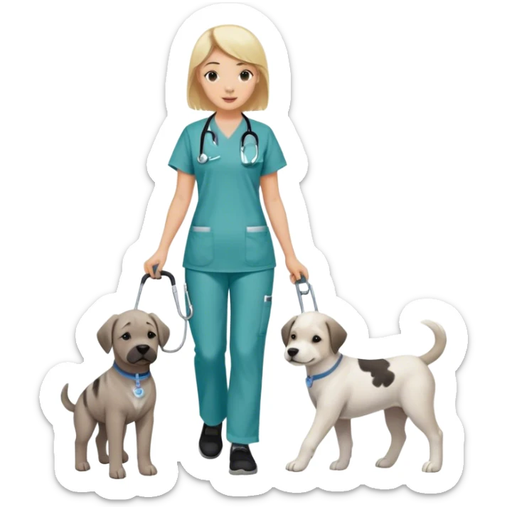 Blond white girl wearing nursing scrubs with 1 dog medium size white and gray and 1 dog large brindle and white, a dark skinned black guy with black short hair and their baby on a walk sticker