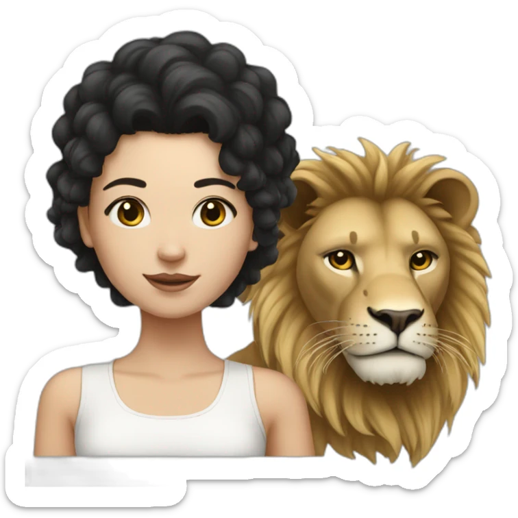White skin Girl with black hairs and big lion sticker