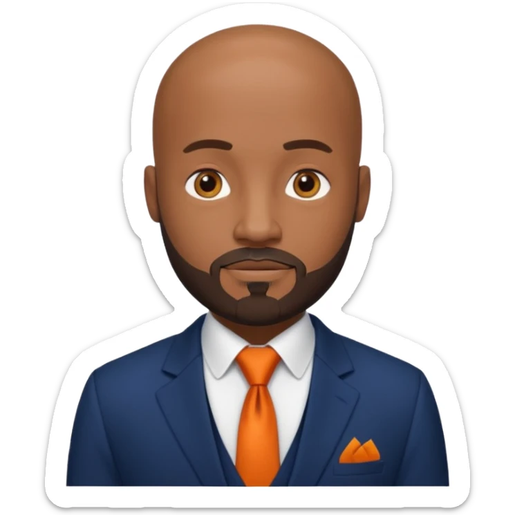headshot of a sophisticated, stylish, bald head Caribbean black man with a beard and goatee in a navy blue suite, white shirt and dark orange tie sticker