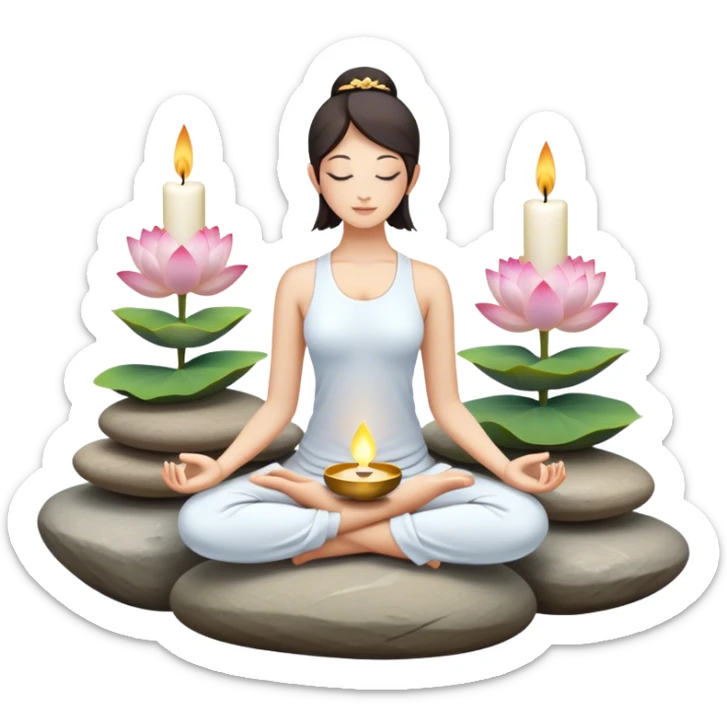 A photorealistic icon featuring a peaceful meditation pose, lotus flowers, candles, and calming natural elements like stones and incense. Soft, tranquil colors with detailed textures and lighting that convey a sense of calm and mindfulness. Transparent background. sticker