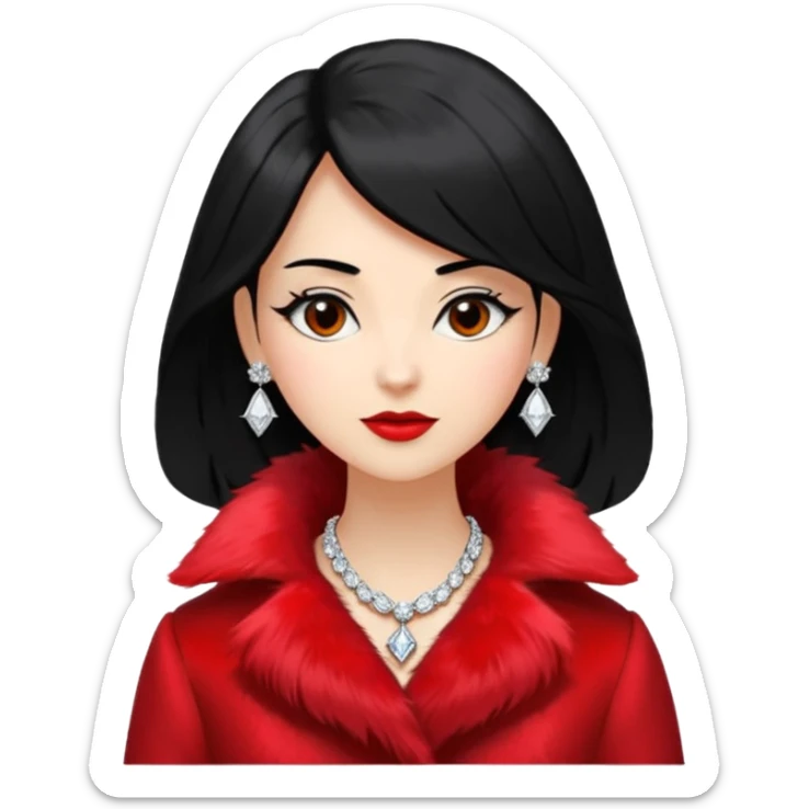 * Character: A stylish lady,black hair
* ﻿﻿Clothing: A luxurious red fur coat
* ﻿﻿Accessories: A dazzling diamond necklace
* ﻿﻿Expression: Confident, elegant, maybe slightly glamorous
* ﻿﻿Pose: Head slightly tilted or a poised posture
* ﻿﻿Style: Emoji-like, simple but expressive sticker