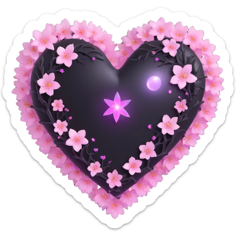 goth sakura heart, black heart with a glowing aura and sparkling sakura petals, ethereal and vibrant, no background sticker
