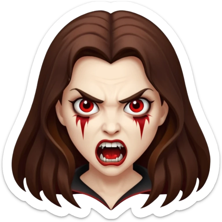 vampire woman, white skin, brown long hair, angry face, fangs out sticker