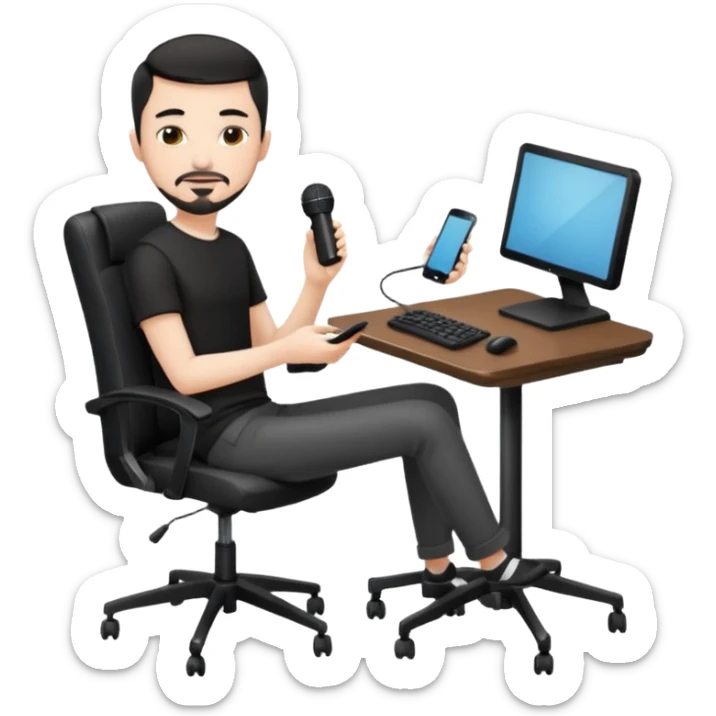 a setup of a youtuber, white skin, thin goatee, black short hair, with a desktop pc on a table, a gaming chair, microphone, no headset phone sticker