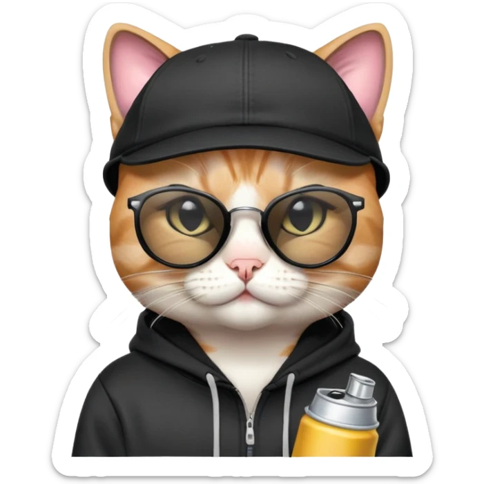 cat with one eye CLOSED in a CLEAR WINK, wearing black snapback cap and black hoodie, black sunglasses tilted low on nose, looking over the top of sunglasses at viewer with other eye open, holding spray paint can sticker