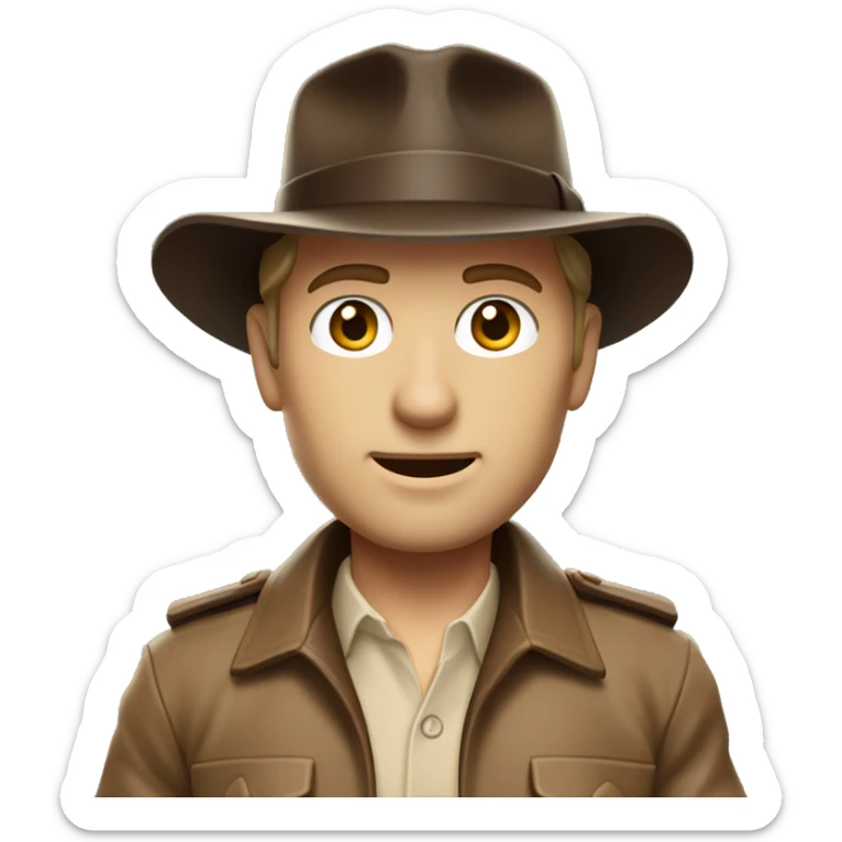 White Indiana Jones with a dark brown jacket and a brown hat, beige shirt sticker