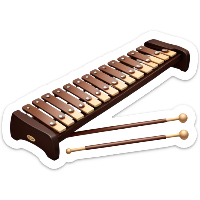 Create a detailed and professional emoji representing a Fleet FLT-SX37 orchestral long wooden xylophone. The design should showcase the large, wooden bars of the xylophone arranged in a traditional layout, with a polished, smooth finish. The bars should be dark brown or mahogany, with soft metallic reflections on the resonators underneath. Include two mallets with rubber or wooden heads resting on the bars, emphasizing their role in striking the notes. The xylophone should have a sophisticated and professional appearance, with clean lines and a polished look. Add subtle musical notes or sound waves to represent the vibrant sound produced by the instrument. The background should be transparent. sticker