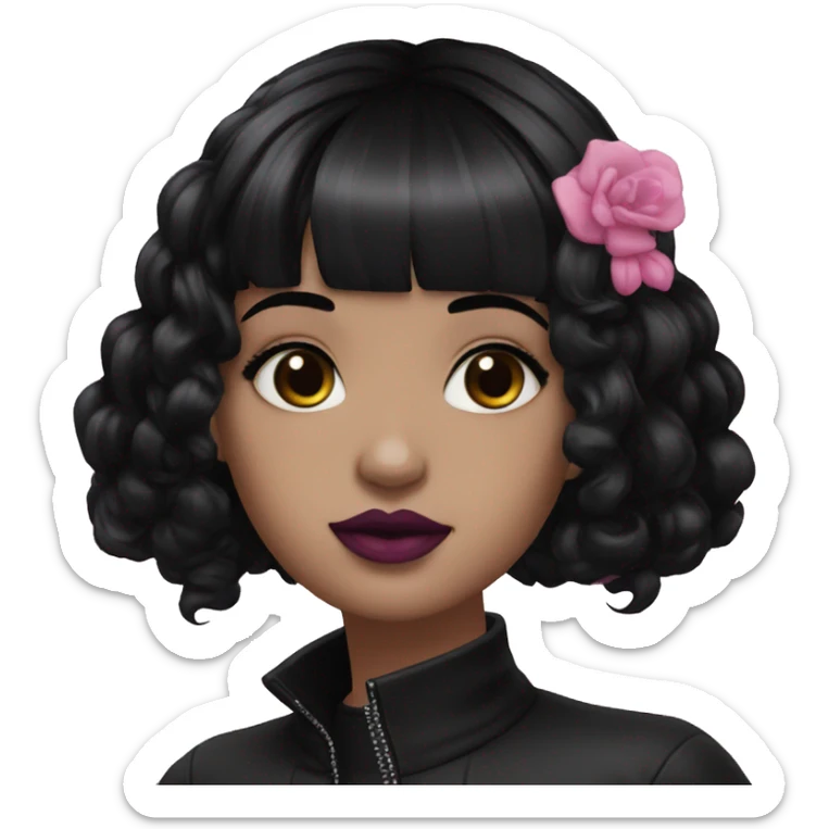 girl goth middle length black hair with pink lipstick  sticker