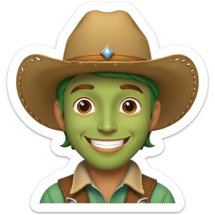 A green cowboy, smiling face with a cowboy hat and green skin sticker