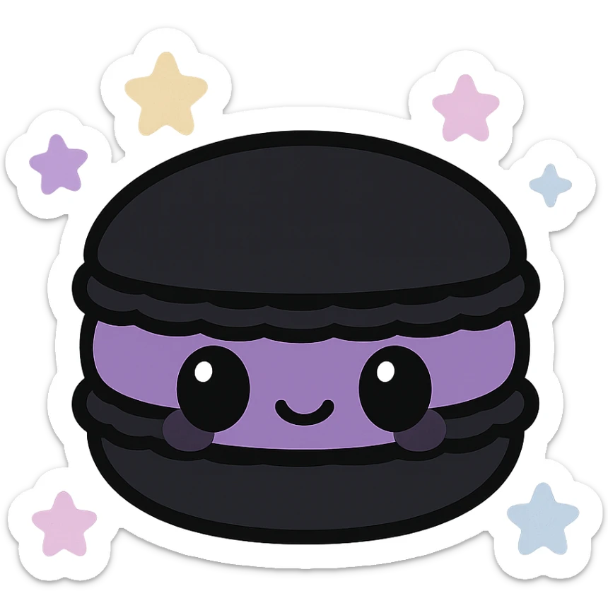 kawaii style gothic macaron, smiling face, black and purple colors, pastel stars, adorable and mysterious sticker