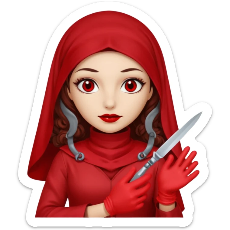 Lilith scalpel in hand, evil surgeon outfit.  She has red eyes. She has dark brown curly hair. Hair is long . Wears sexy doctor outfit with red gloves. Clears, mouth with Muslim red burka sticker