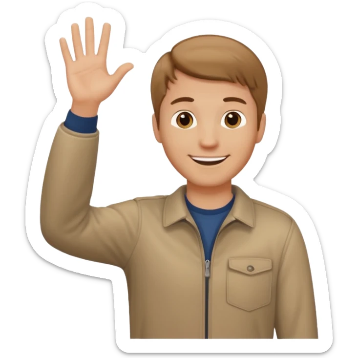 A white man in casual clothes, standing, waving his hand, with light brown hair sticker