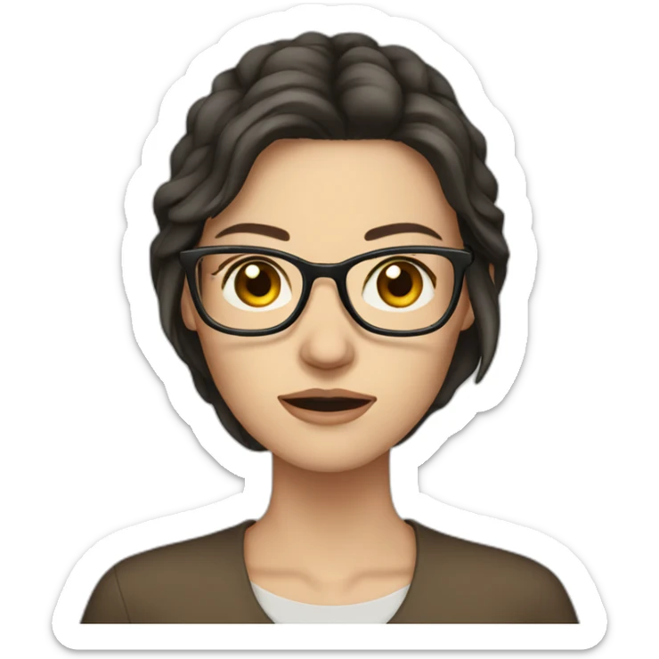 A white woman with glasses with long dark hair and brown eyes crying sticker
