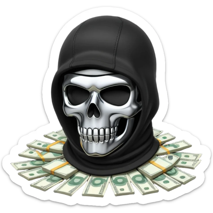 3D isometric icon, black tactical balaclava over a chrome skull, pile of abstract money, brutalist aesthetic, black background. sticker
