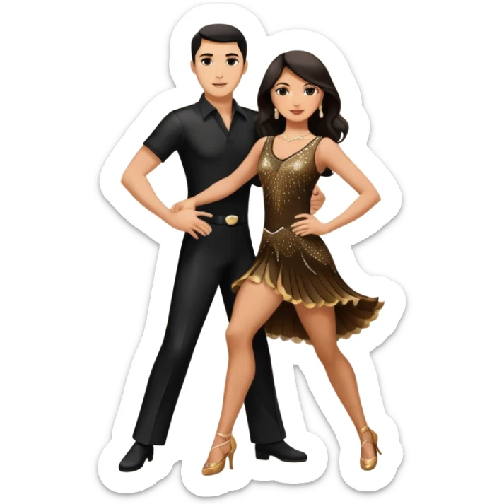 Photorealistic dancesport professional latin couple dancing the samba at the competition dancefloor, the women is in skinny short sparkly dress, the man is in black shirt and black classic pants, the women has brown long hair, the man has short black hair  sticker