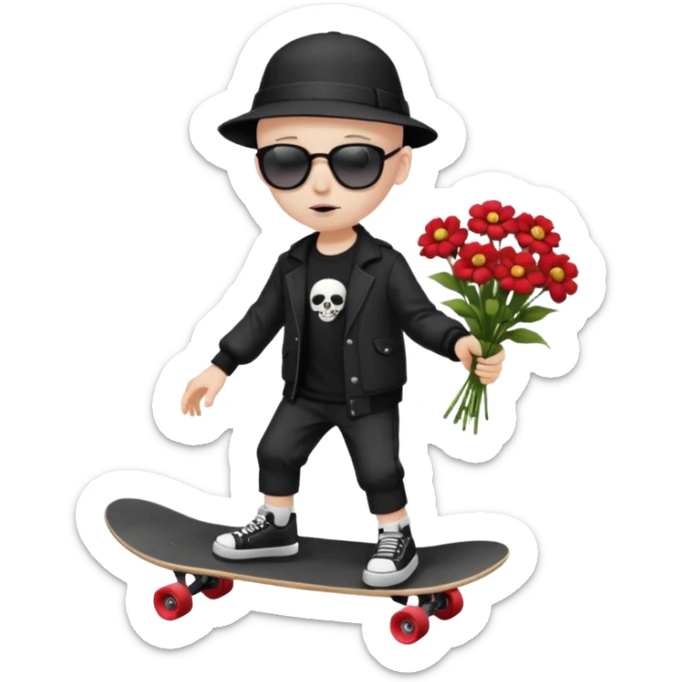 ["A sad boy with pale skin, bald, wearing a sunhat and sunglasses, dressed in goth fashion, is skateboarding while holding a flower bouquet."] sticker