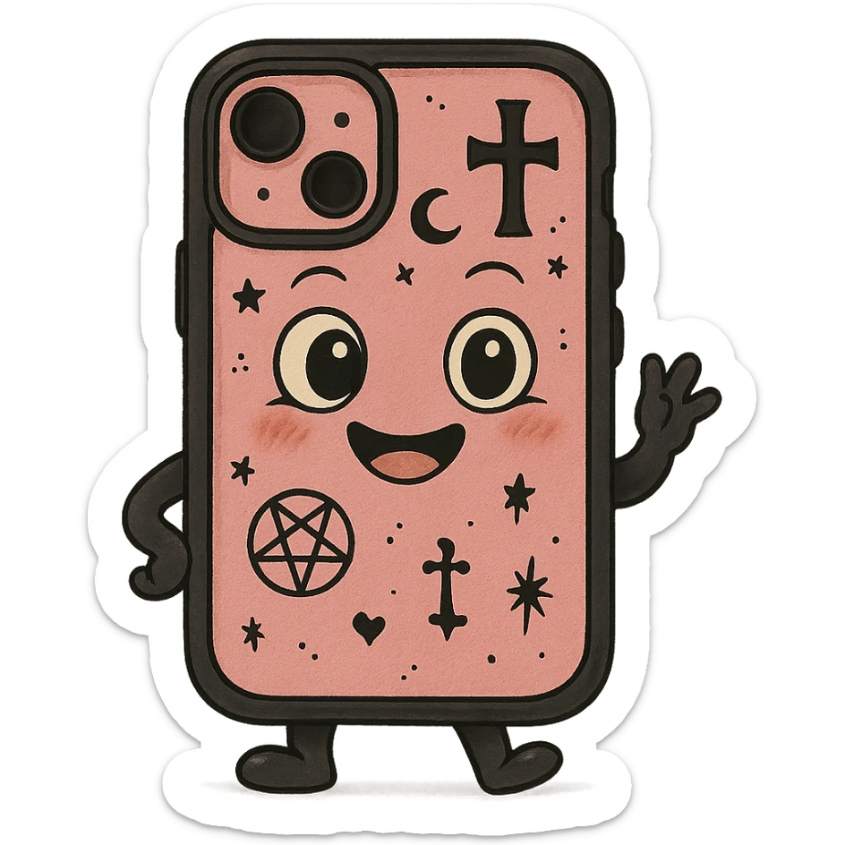 pink and black gothic phone case, big eyes, smiling, playful, cartoonish, gothic symbols sticker