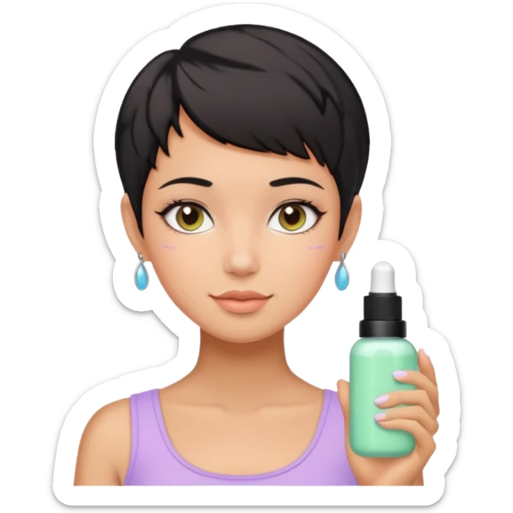 tan girl with black hair & a pixie cut no earrings doing cute pastel colors skin care sticker