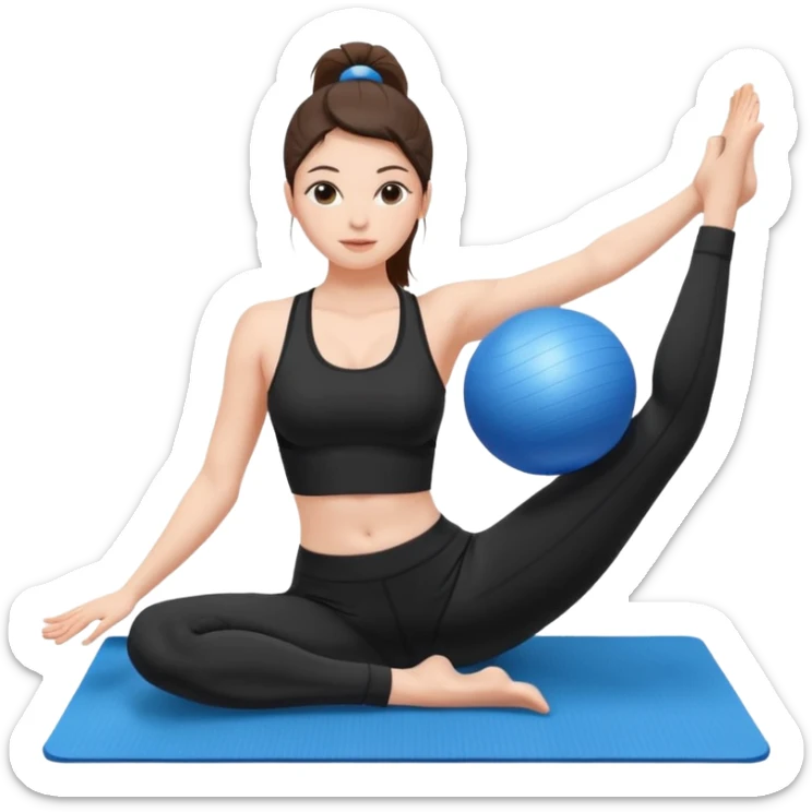 generate a pretty woman in black gym clothes doing pilates on a blue mat with a small blue ball sticker