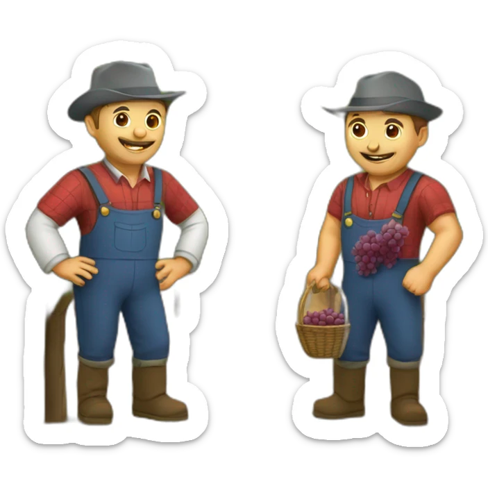 two winegrower males friends in france with grapes sticker