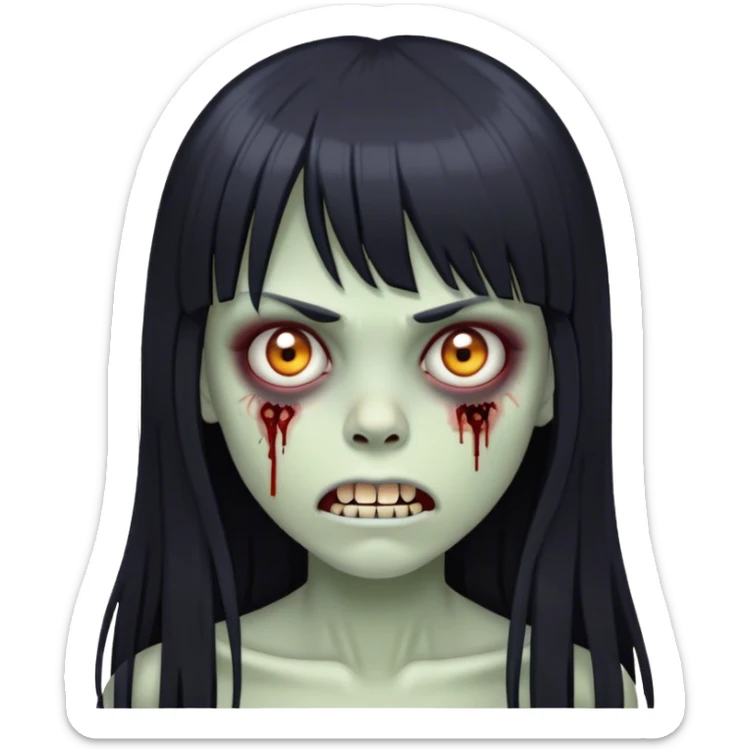 zombie girl with black long hair and bangs with teeth and serious face  sticker