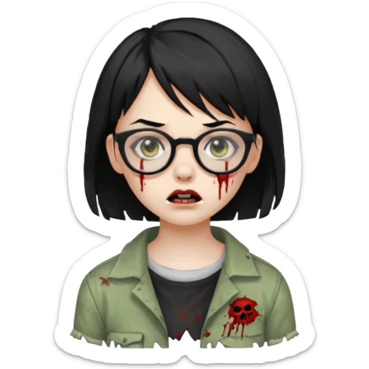 Zombie girl with black short hair and side bangs in glasses sticker