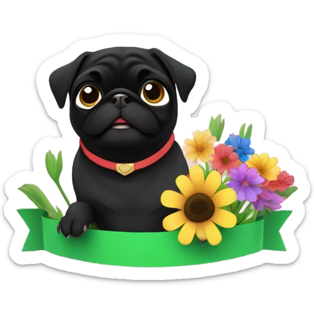 Black pug , surrounded by flowers, holding a green sign that says “good luck”  sticker