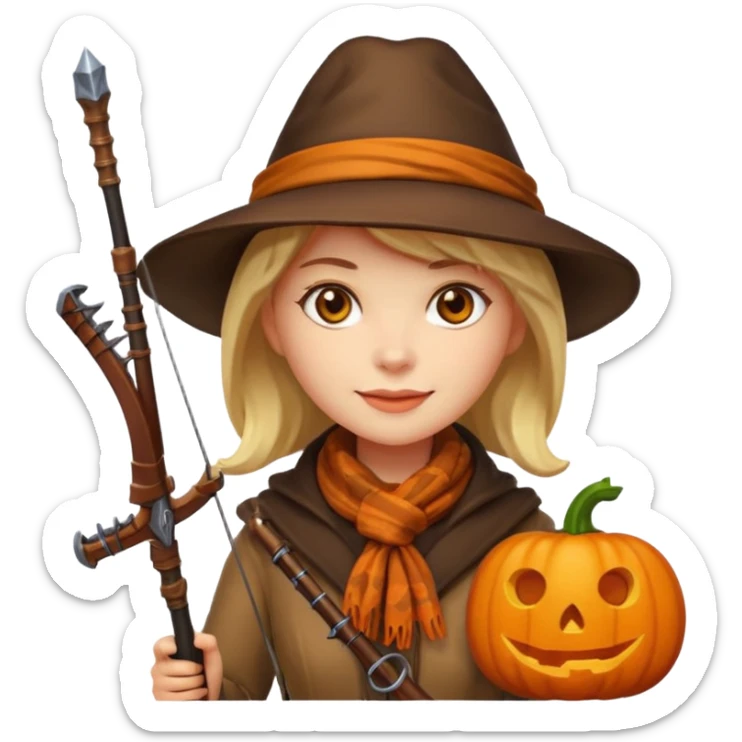 female human monster hunter emoji, wearing brown coat and hat, holding crossbow, soft smile, scarf, glowing pumpkin by her side, Halloween fantasy style, clean vector Apple emoji look, bright colors, white background, square sticker