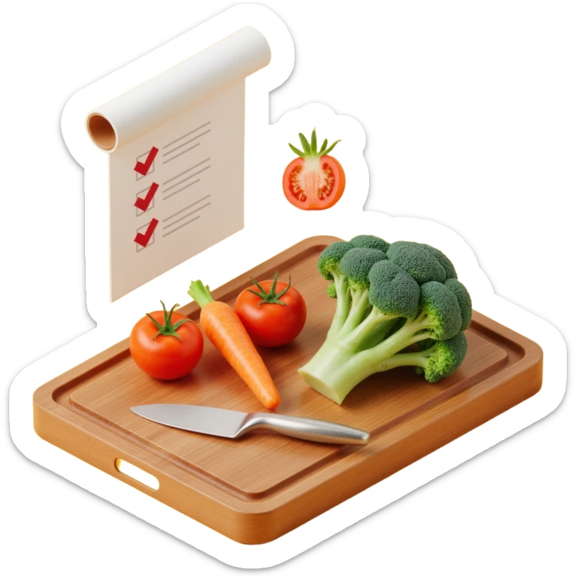 carrot tomato brocoli on the wooden cutting board with floating rolled paper list with checkbox sticker